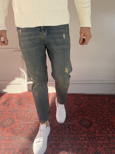 Keps Koyu Yeşil Yıkamalı Yırtık Detay Boyfriend Jean
