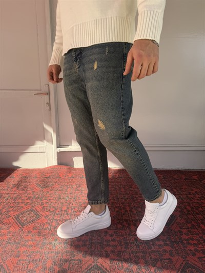 Keps Koyu Yeşil Yıkamalı Yırtık Detay Boyfriend Jean