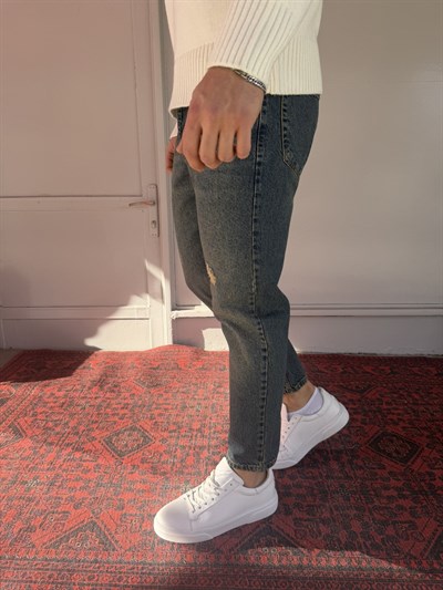 Keps Koyu Yeşil Yıkamalı Yırtık Detay Boyfriend Jean
