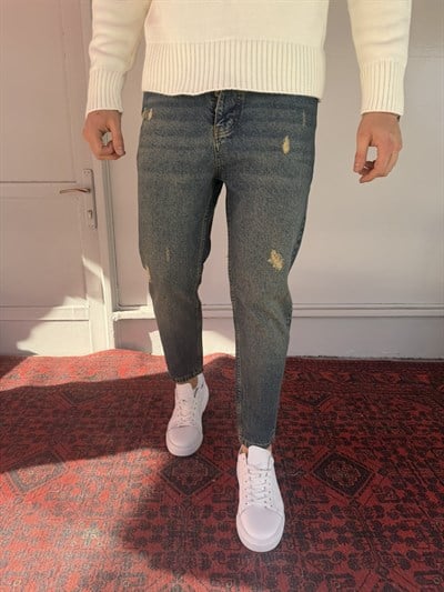 Keps Koyu Yeşil Yıkamalı Yırtık Detay Boyfriend Jean