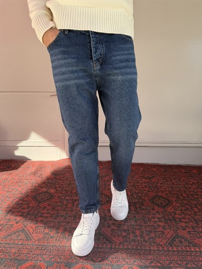 Keps Lacivert Parmak Yıkamalı Boyfriend Jean