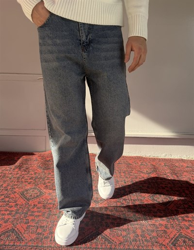 Keps Parmak Yıkamalı Mavi-Yeşil Relax Baggy Jean
