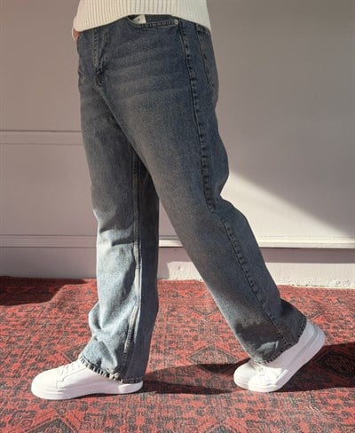 Keps Parmak Yıkamalı Mavi-Yeşil Relax Baggy Jean