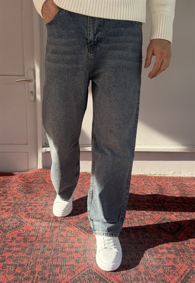Keps Parmak Yıkamalı Mavi-Yeşil Relax Baggy Jean