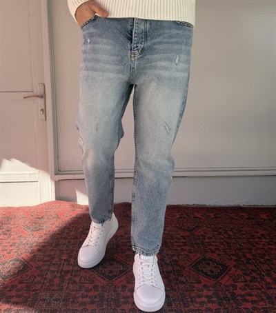 Keps Parmak Yıkamalı Yırtık Detaylı Boyfriend Jean