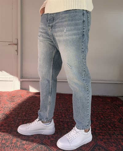 Keps Parmak Yıkamalı Yırtık Detaylı Boyfriend Jean