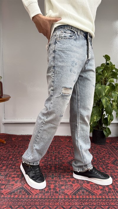 Keps Tek Diz Üstü Yırtık Baggy Jean