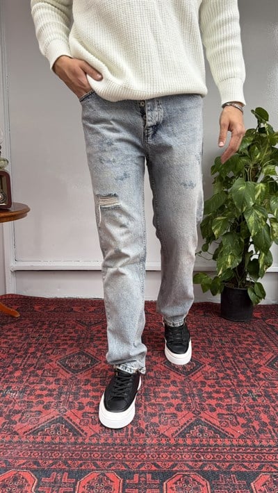 Keps Tek Diz Üstü Yırtık Baggy Jean