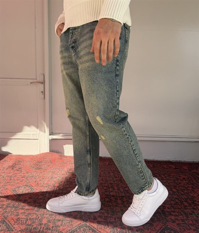 Keps Yeşil Yıkama Yırtık Detaylı Boyfriend Jean