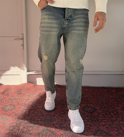 Keps Yeşil Yıkama Yırtık Detaylı Boyfriend Jean