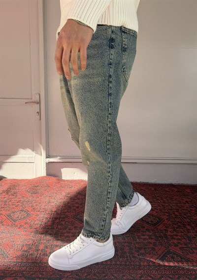 Keps Yeşil Yıkama Yırtık Detaylı Boyfriend Jean