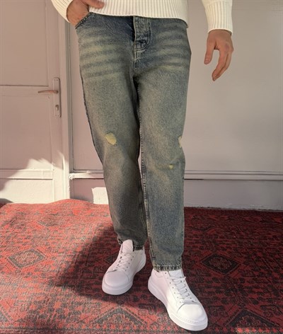 Keps Yeşil Yıkama Yırtık Detaylı Boyfriend Jean