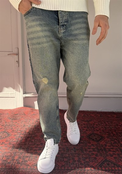 Keps Yeşil Yıkama Yırtık Detaylı Boyfriend Jean