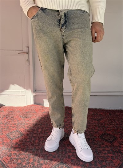 Keps Yeşil Yıkamalı Düz Boyfriend Jean