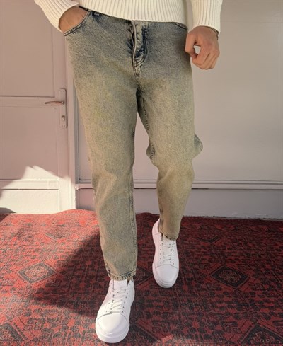 Keps Yeşil Yıkamalı Düz Boyfriend Jean