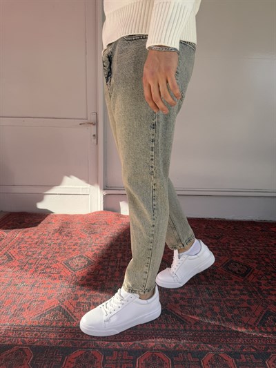 Keps Yeşil Yıkamalı Düz Boyfriend Jean