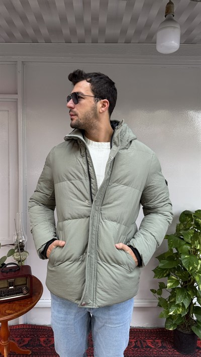 Casual Men Haki Kapüşonlu Şişme Mont