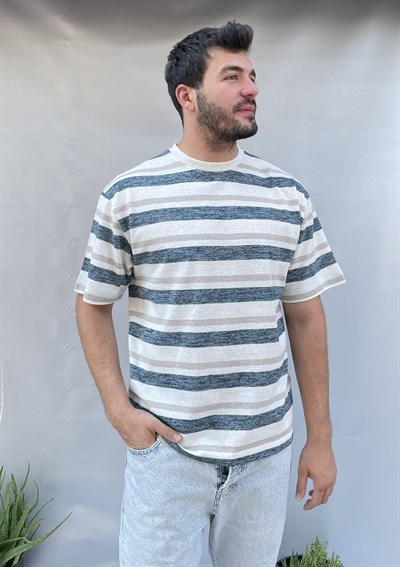 Renkli Çizgili Oversize İnce Triko T-shirt
