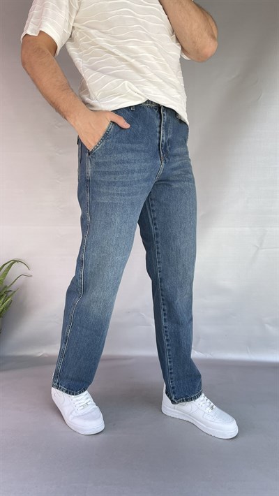 Yan Cepli Düz Baggy Jean