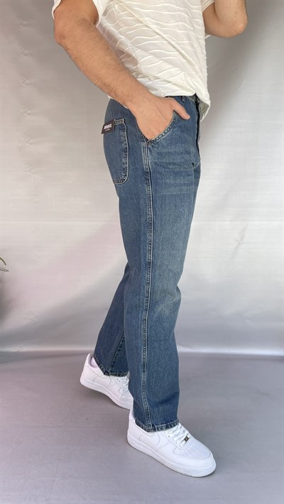 Yan Cepli Düz Baggy Jean