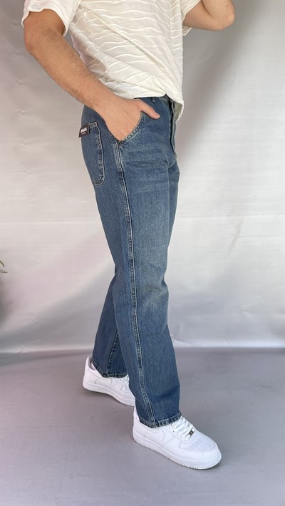 Yan Cepli Düz Baggy Jean