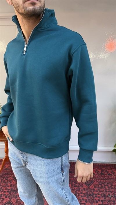 Casual Men Basic Yarım Fermuarlı Oversize Sweatshirt 