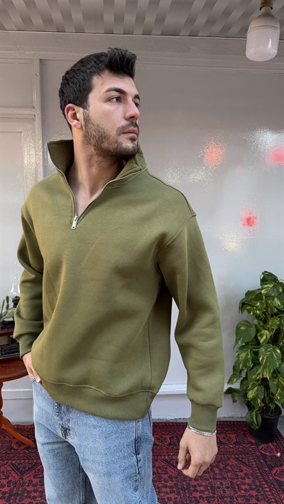 Casual Men Basic Yarım Fermuarlı Oversize Sweatshirt Haki
