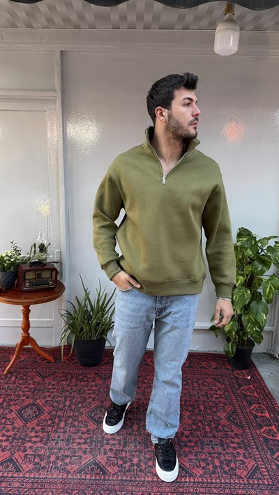 Casual Men Basic Yarım Fermuarlı Oversize Sweatshirt Haki