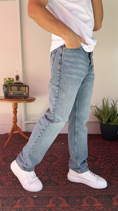 Yıkamalı Düz Mavi Baggy Jean