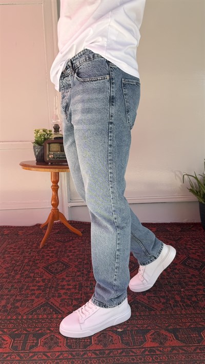 Yıkamalı Düz Mavi Baggy Jean