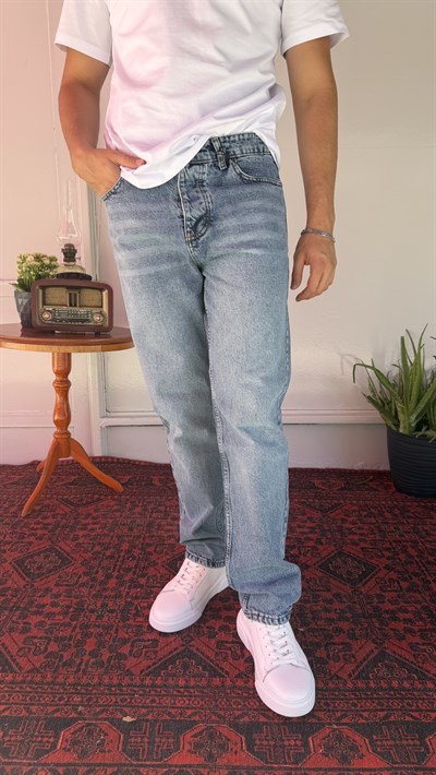 Yıkamalı Düz Mavi Baggy Jean