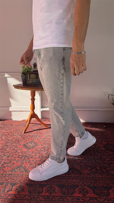 Yırtık Detaylı Gri Boyfriend Jean