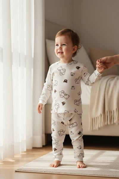 çocuk pijama takımı ayı desenli raporlu kumaş