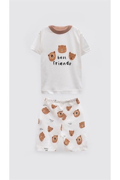 Unisex Bebek Ve Çocuk Ayıcık Desenli Yazlık Pijama Takımı - Best Friends 0-4 Yaş