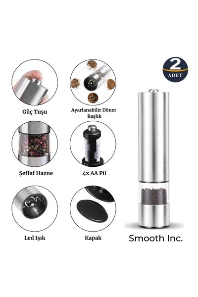 2li Set Cvs Paslanmaz Ayarlanabilir Otomatik Pilli Işıklı Tuz & Karabiber Baharat Öğütücü 2li Set