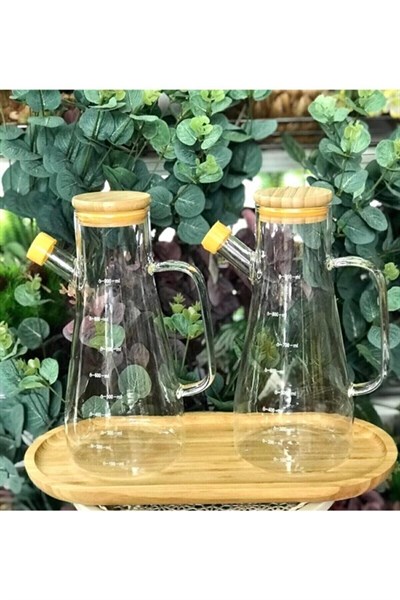 Bambu Kapaklı Vakumlu Borosilikat 3lü Set Cam Yağlık Sirkelik Bambu Altlık