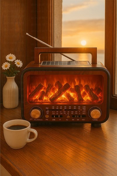 Büyük Boy Nostaljik Radyo Fm Ahşap Şömine Görünümlü Bluetooth Hoparlör Vintage Işıklı Usb Sd