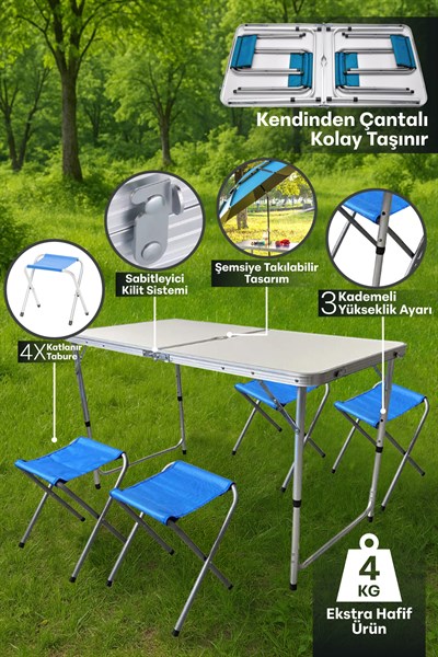 Çanta Tipi Katlanır Taşınabilir Piknik Kamp Masa Seti 4 Tabureli