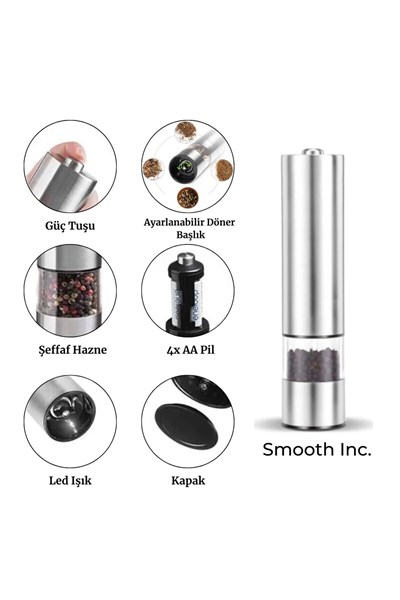 Cvs Paslanmaz Ayarlanabilir Otomatik Pilli Işıklı Tuz & Karabiber Baharat Öğütücü Tek