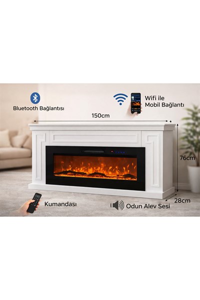 Dokunmatik Elektrikli Şömine Dekoratif 150cm MDF Alev Sesli Isıtıcılı Bluetooth 8 Renk 1850W