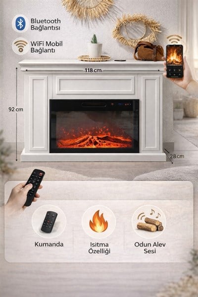 Dokunmatik Elektrikli Şömine Dekoratif 118cm MDF Alev Sesli Isıtıcılı Bluetooth 8Renk Kumandalı1850W