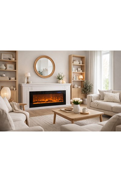 Dokunmatik Elektrikli Şömine Dekoratif 150cm MDF Alev Sesli Isıtıcılı Bluetooth 8 Renk 1850W