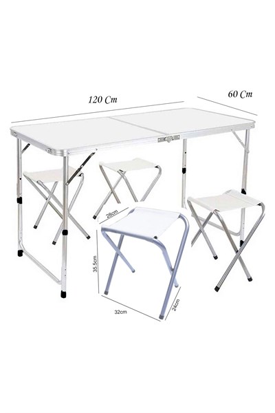 Katlanabilir Alüminyum Kamp Masası ve 4 Adet Tabure Seti – Taşınabilir, Ayarlanabilir Yükseklikli, P