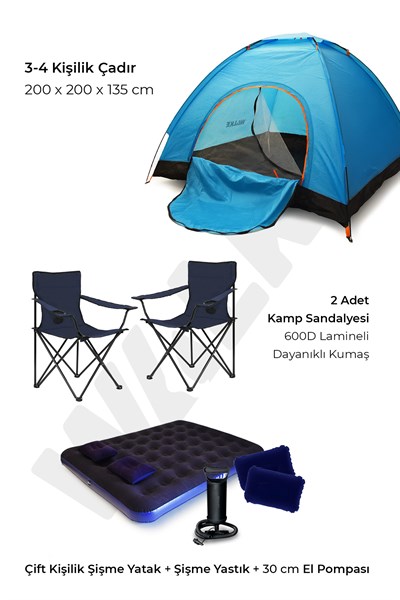 Lüks Kamp Seti 4 Kişilik Çadır Çift Kişilik Yatak 2 Adet Lacivert Sandalye 2 Yastık Pompa