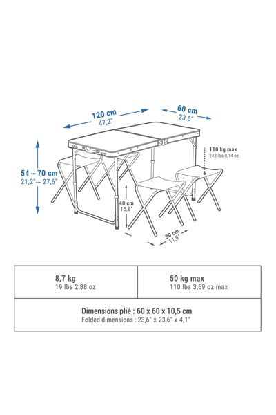 Quechua Katlanır Kamp Masası - 4 Tabureli - 4/6 Kişilik