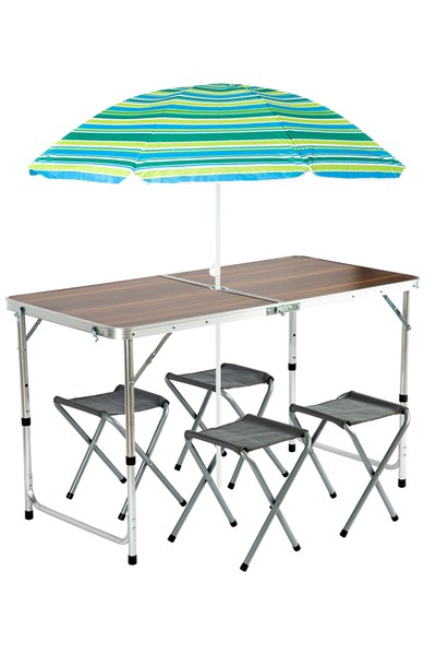 Şemsiyeli Tabureli Katlanabilir Piknik Masası Seti - Ahşap Desen