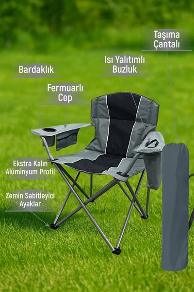 XL Kalın Profil Kamp Sandalyesi Buz Çantalı Siyah Gri