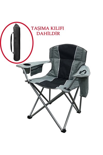 Xl Katlanır Büyük Kamp Sandalyesi Buz Bölmeli Gri Siyah