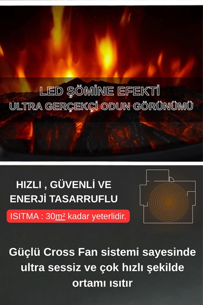 XLarge Elektrikli Şömine & Elektrikli Soba Fanlı Isıtıcı, LED Odun Efekti, Metal Kasa ND-183C