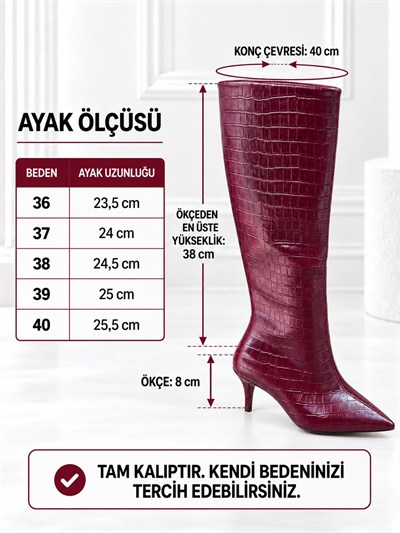 ASTER Kadın Bordo Kroko Cilt Sivri Burun İçi Kürklü 8 Cm İnce Topuklu Uzun Çizme